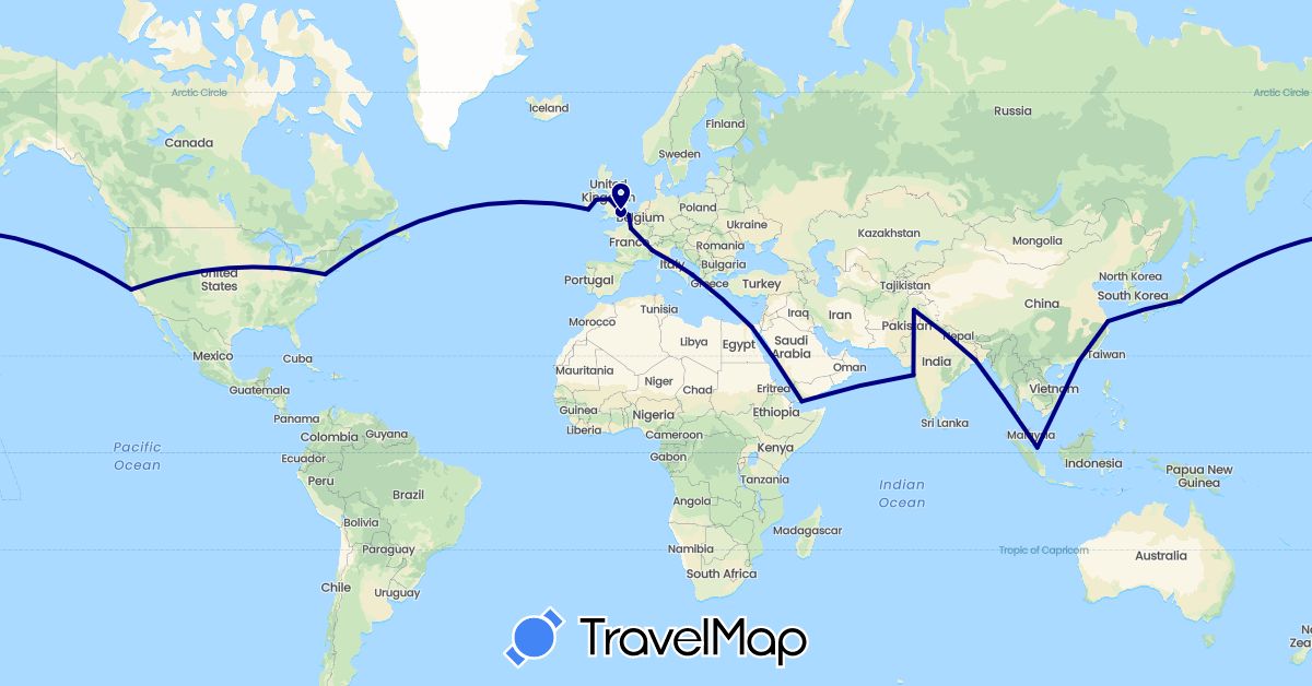 TravelMap itinerary: driving in China, Egypt, France, United Kingdom, Ireland, India, Italy, Japan, Pakistan, Singapore, United States, Yemen (Africa, Asia, Europe, North America)